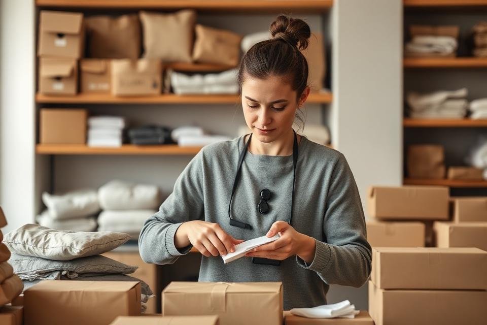 Small business owner packing parcels beside shelves of stock