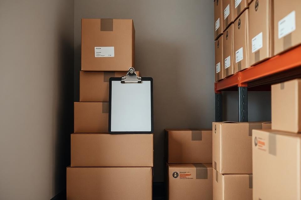 Stacked stock boxes with a clipboard in a small storeroom