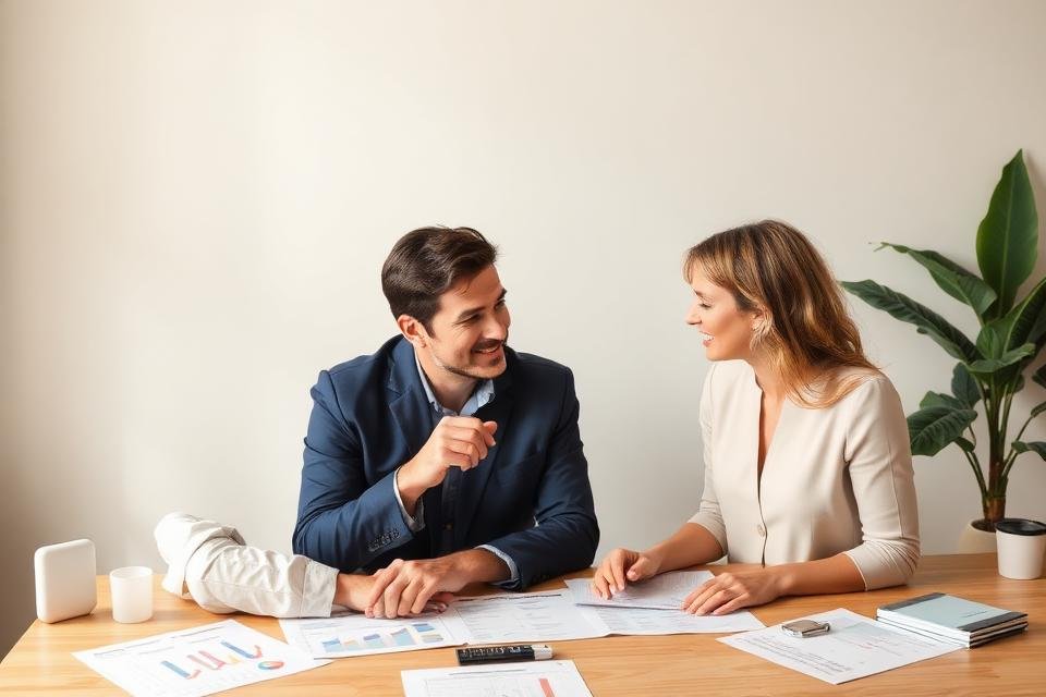 Two people reviewing a simple business plan at a table
