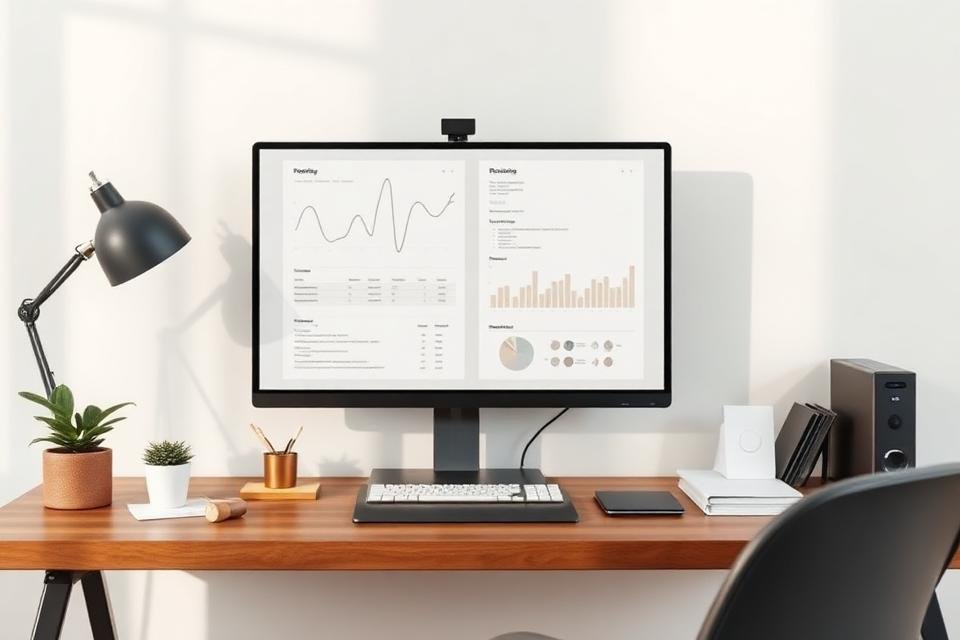 Tidy desk with a monitor showing simple charts