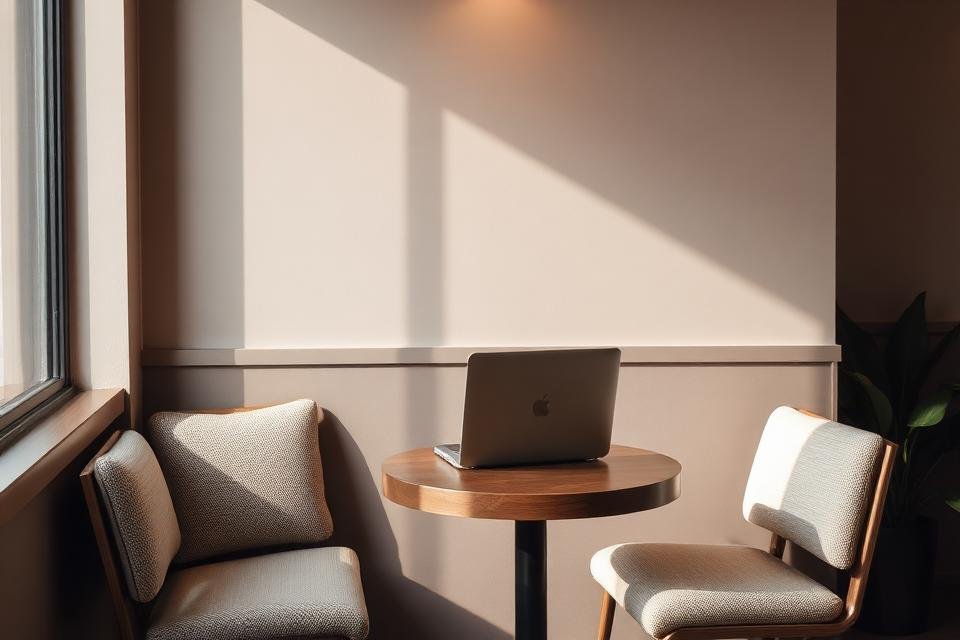 Quiet café table with a laptop in afternoon light